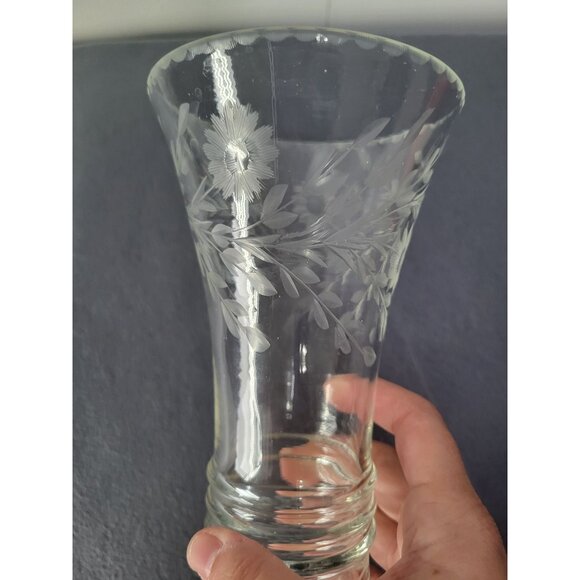 Clear Etched Glass Vase Floral Etched Art Deco Flare Vintage Flare Funnel - Picture 5 of 10